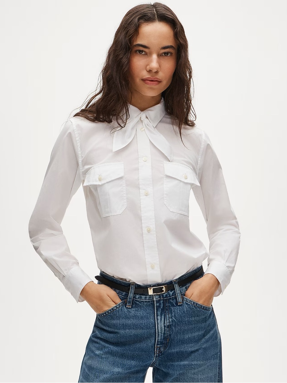 J. Crew White Tie-Neck Utility Shirt